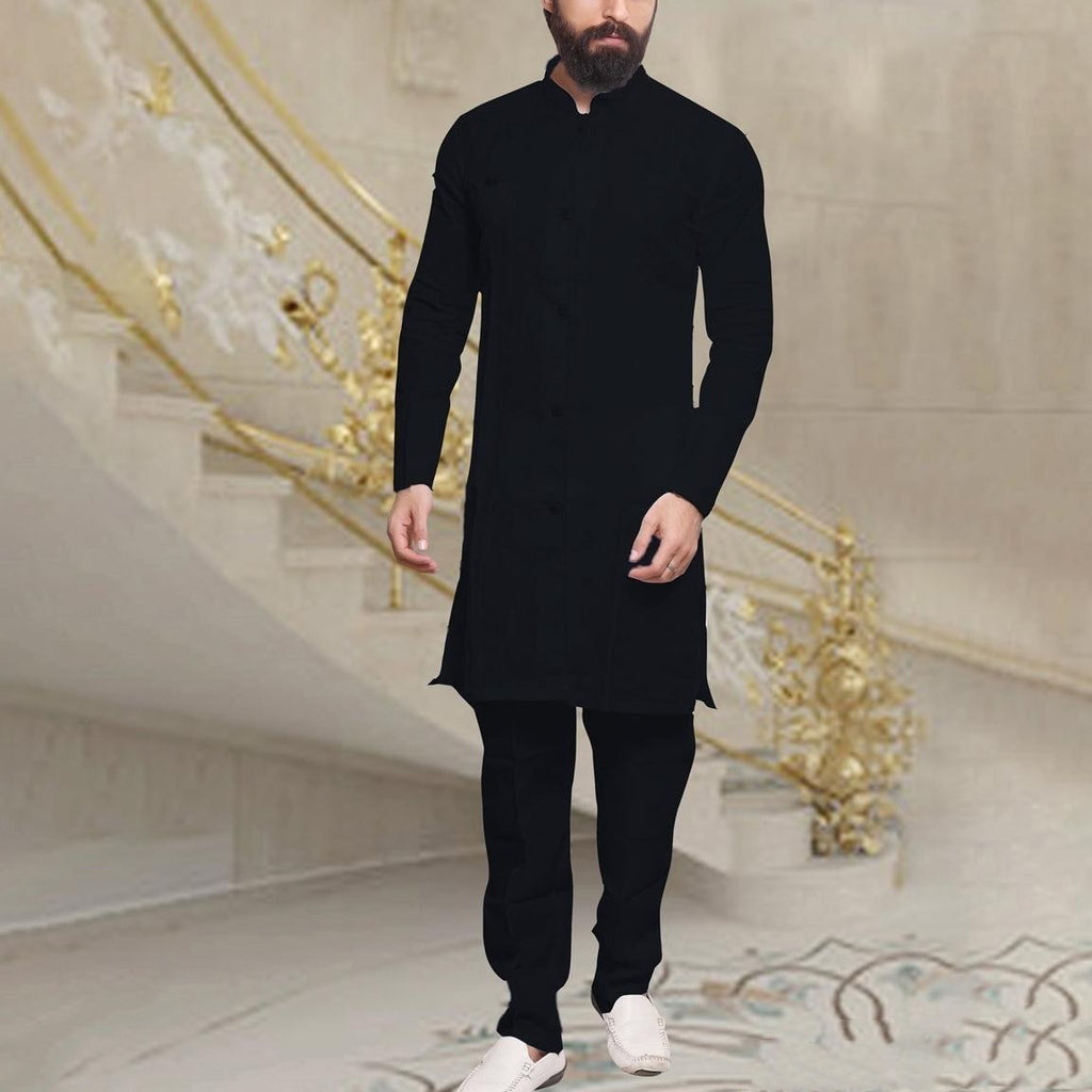 muslim dress shirt Long-sleeve Black Men Shirt Short Collar Muslim Clothing Kurta Islamic khamees