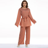 European And American Plus Size Women's Clothes Muslim Robe Lace-up Dress Two-piece Set