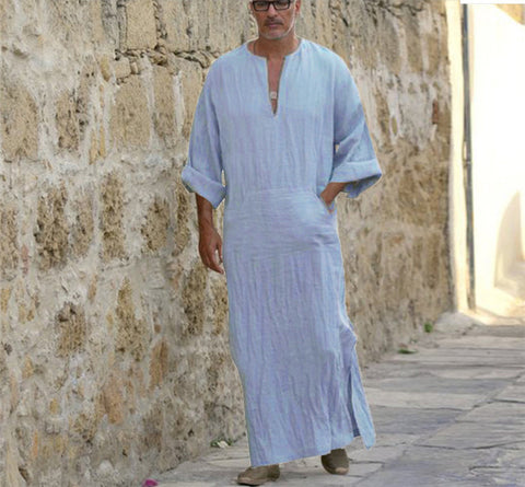 Cotton And Linen Men's V-leg Long-sleeved Gown Ethnic