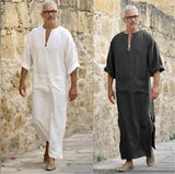 Cotton And Linen Men's V-leg Long-sleeved Gown Ethnic
