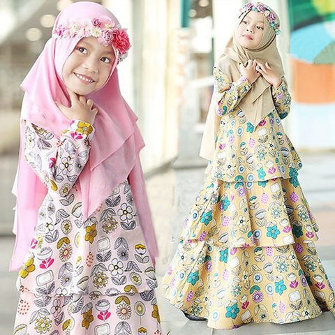 Girls Spring And Autumn Models Arab Clothing Muslim Long-Sleeved Flower Dress And Headscarf