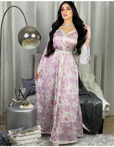Dubai Print Floral Lace Long Dress