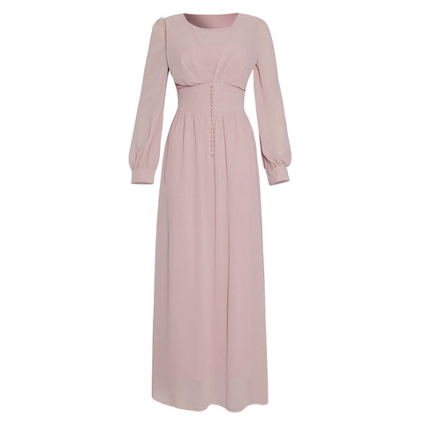 chiffon dress muslimah Elegant Muslim Women's Pleated Chiffon Pullover Robe Dress Modest Solid Color Abaya with Flared Sleeves. (MA176) Apricot / L