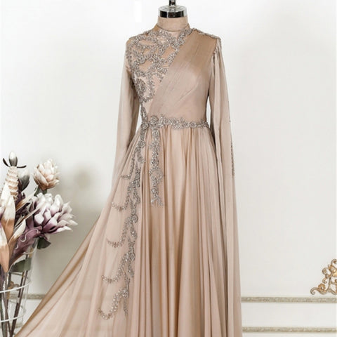 Champagne Muslim Evening Dress Formal Party – Abuadnan Online Store Champagne Muslim Evening Dress Formal Party – Abuadnan Online Store