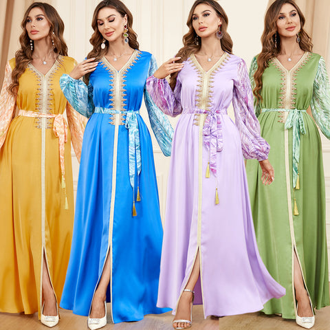 Patchwork Puff Sleeve Long Sleeve Arabic Dress