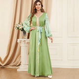 Patchwork Puff Sleeve Long Sleeve Arabic Dress