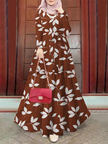 Muslim Round Neck Leaf Print Lace-up Large Swing Dress Abuadnan Online Store Muslim Round Neck Leaf Print Lace-up Large Swing Dress Abuadnan Online Store
