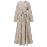 Women Polka Dot Long Sleeve Dress Stylish Belts Party Robe