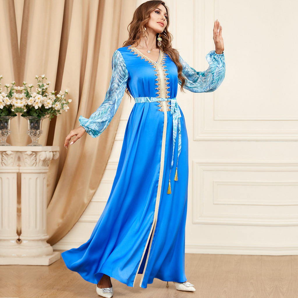 Patchwork Puff Sleeve Long Sleeve Arabic Dress Patchwork Puff Sleeve Long Sleeve Arabic Dress