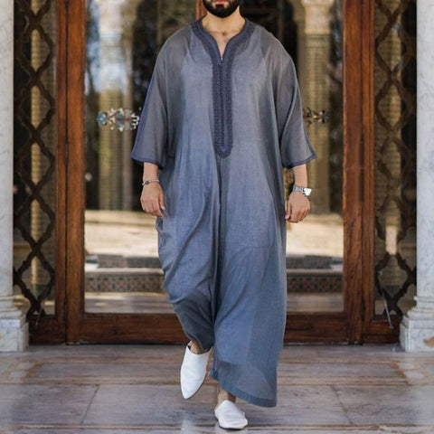 Thin Youth Linen Gray Cotton Linen Loose Casual Muslim Robe