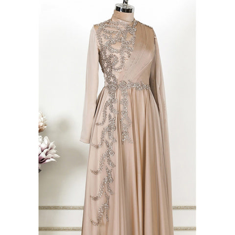 muslim evening dress Champagne Muslim Evening Dress Formal Party – Abuadnan Online Store
