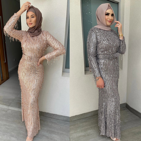 Sequin Tassels Slim-fit Dress Muslim Dress
