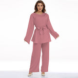European And American Plus Size Women's Clothes Muslim Robe Lace-up Dress Two-piece Set