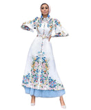 Fashion Puff Sleeves Lapel Robe Arabic Women's Digital Printed Mid Waist Long Dress
