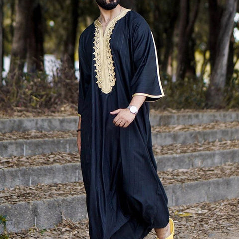 Fashionable Men's Long Shirt Black Muslim Robe