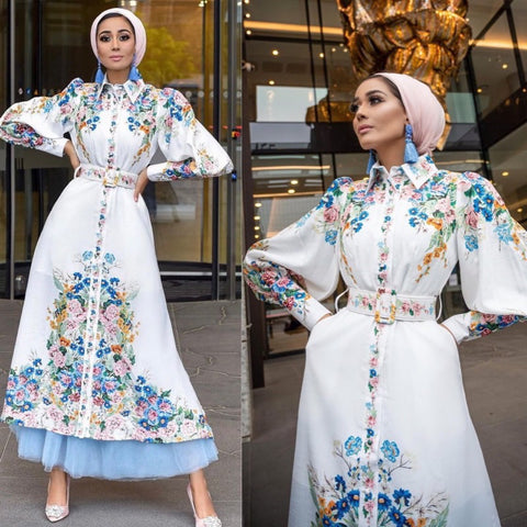 Fashion Puff Sleeves Lapel Robe Arabic Women's Digital Printed Mid Waist Long Dress