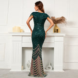 Sequined Evening Gown Green Beaded Presenter Bodycon