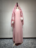 Chiffon Long Muslim Embroidered Crew Neck Dress With Headscarf